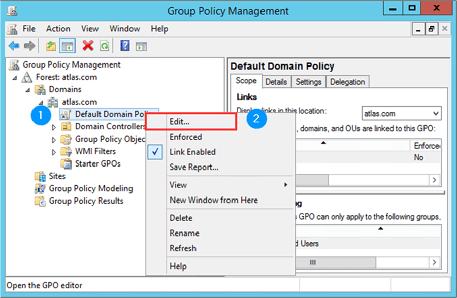 Group Policy Management - Description: Follow the image steps to edit your default domain policy.