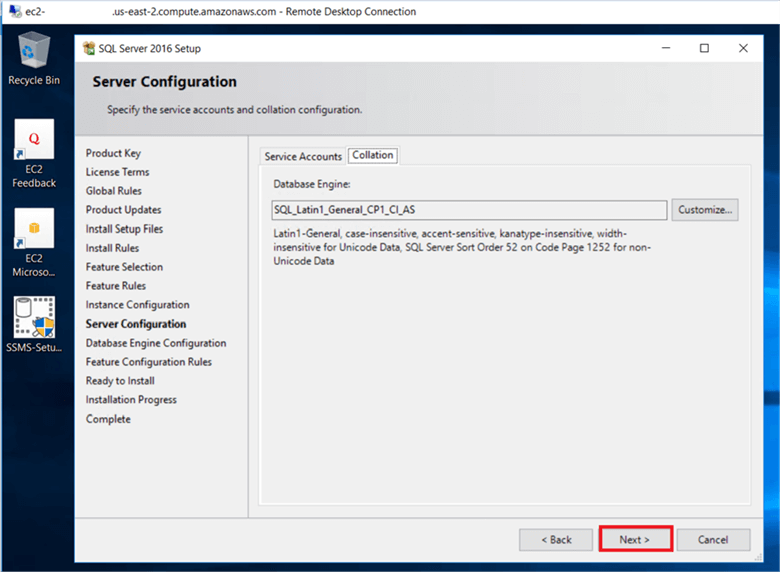 On the Server Configuration dialog box, Change the database collation if you do not want to default collation on Collation Tab. - Description: On the Server Configuration dialog box, Change the database collation if you do not want to default collation on Collation Tab.