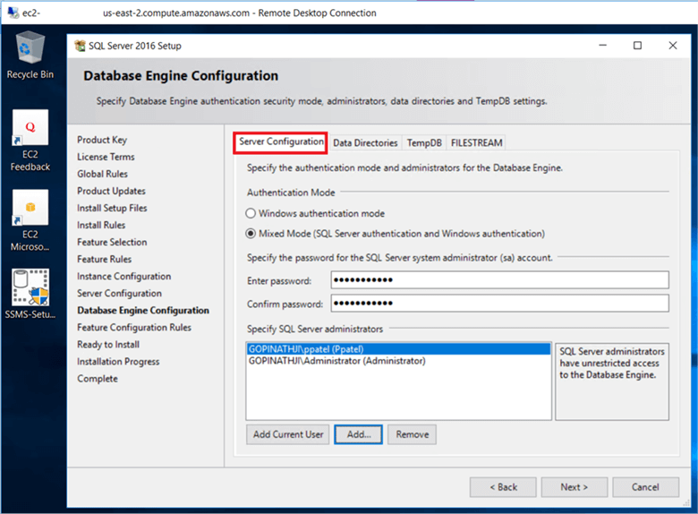 On the Database Engine Configuration dialog box, under the Server Configuration tab, select Windows authentication mode or Mixed Mode (SQL server authentication and Windows authentication) in the Authentication Mode section. If need to change it you can change it later after the installation is complete.  - Description: On the Database Engine Configuration dialog box, under the Server Configuration tab, select Windows authentication mode or Mixed Mode (SQL server authentication and Windows authentication) in the Authentication Mode section. If need to change it you can change it later after the installation is complete. &#xA;&#xA;Add the current login ID part of SQL Server administrator clicking on Add Current User or click on Add to add DBA group as SQL Server administrator.&#xA;