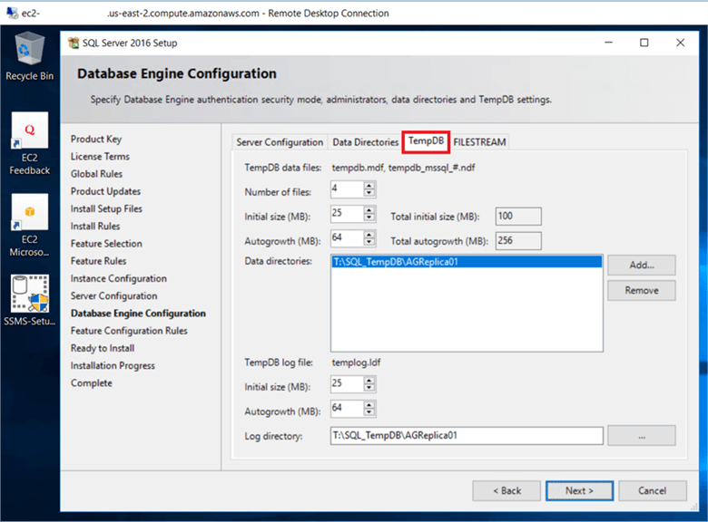 On the TempDB Tab this is new feature in SQL Server 2016 configuration TempDB. You can set the number of tempdb data files, initial size and auto growth settings of both data and log files and data and log file locations. - Description: On the TempDB Tab this is new feature in SQL Server 2016 configuration TempDB. You can set the number of tempdb data files, initial size and auto growth settings of both data and log files and data and log file locations.