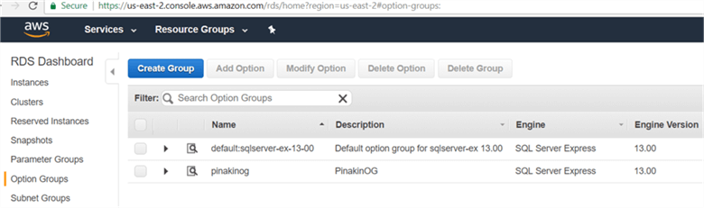 On option Groups page newly created option groups will appear shown below. - Description: On option Groups page newly created option groups will appear shown below.