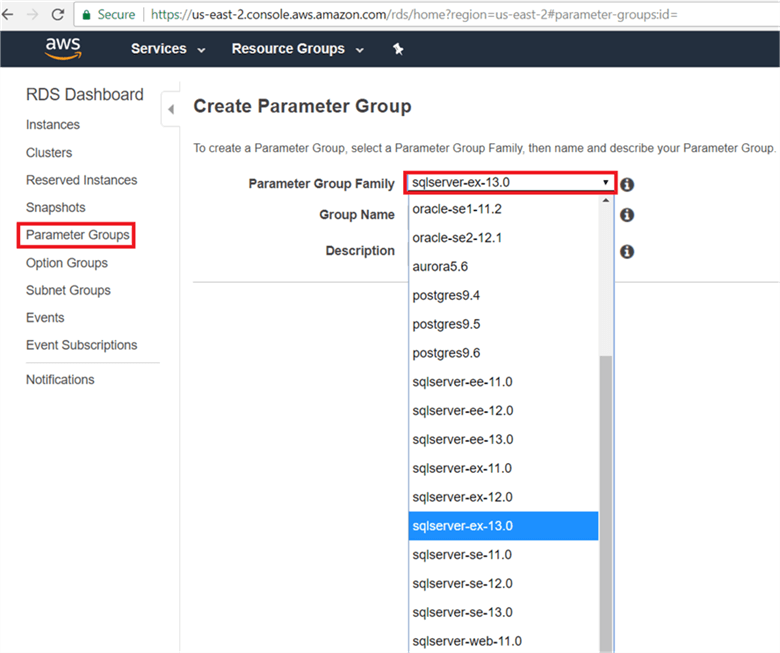 On the Parameter Group page, select parameter group family from drop down menu, give the group name and description and click Create. - Description: On the Parameter Group page, select parameter group family from drop down menu, give the group name and description and click Create.