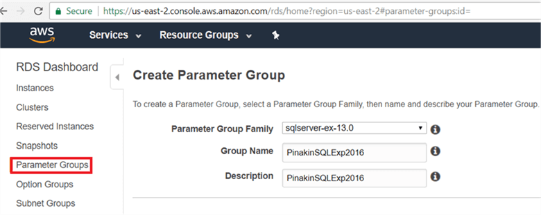 On the Parameter Group page, I have selected sqlserver-ex-13 (SQL server 2016 express edition) - Description: On the Parameter Group page, I have selected sqlserver-ex-13 (SQL server 2016 express edition)