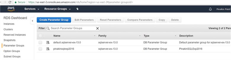 On Parameter Groups page newly created parameter group will appear shown below. - Description: On Parameter Groups page newly created parameter group will appear shown below.