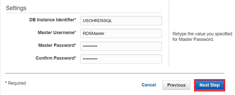 On the Select Engine dialog box, put the DB instance identifier, master username and password and click Next.  - Description: On the Select Engine dialog box, put the DB instance identifier, master username and password and click Next. 