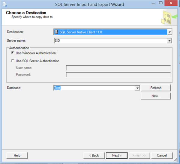 Select the server and database to import the data
