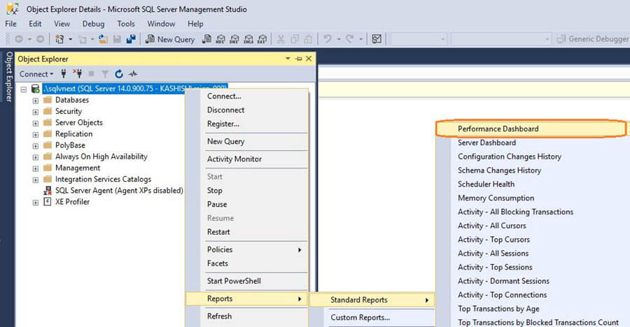 SQL Server v17.x Management Studio Performance Dashboard Reports