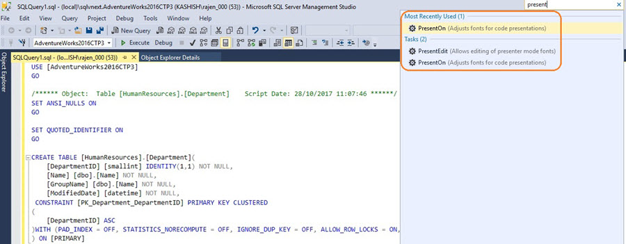 SQL Server v17.x Management Studio Presenter Mode option