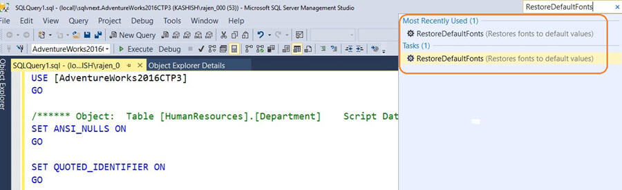 SQL Server v17.x  Management Studio revert back to default mode from presentation option