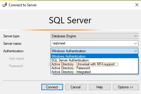 SQL Server v17.3 Management Studio authentication options