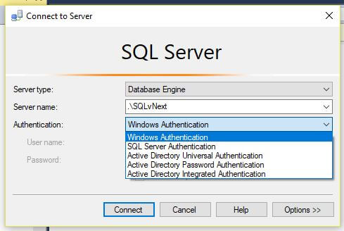 SQL Server 2016 Management Studio authentication options