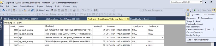 options for Bookmarks on statements in Xevent profiler