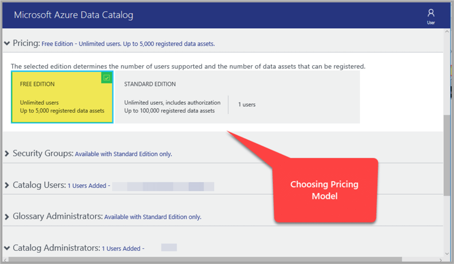 Choosing the pricing model with Azure Data Catalog