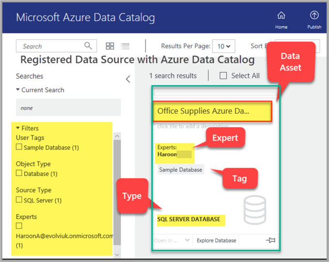 Registered Data Asset (Data Source) with the Azure SQL Database registered with Azure Data Catalog&#xA;