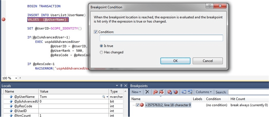 breakpoint condition in ssms