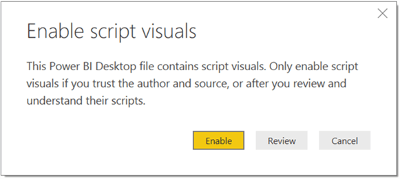 Warning to enable Script Visuals in Power BI Desktop - Description: Warning