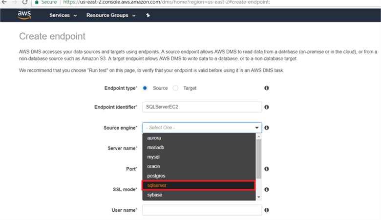 On create endpoint dialog box, select the source or target endpoint type, give the endpoint identifier name, select source database engine from down list; AWS provide wide range of source database engine selection; here I have selected SQLServer as we are migrating from EC2 SQL server database to Amazon RDS SQL server database. - Description: On create endpoint dialog box, select the source or target endpoint type, give the endpoint identifier name, select source database engine from down list; AWS provide wide range of source database engine selection; here I have selected SQLServer as we are migrating from EC2 SQL server database to Amazon RDS SQL server database.  