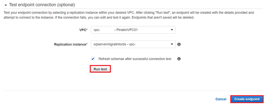 On create endpoint dialog box, under test endpoint connection (optional) select the VPC and replication instance and click on Run test or you can create Endpoint then test the connection but it is good to test the connection. - Description: On create endpoint dialog box, under test endpoint connection (optional) select the VPC and replication instance and click on Run test or you can create Endpoint then test the connection but it is good to test the connection.