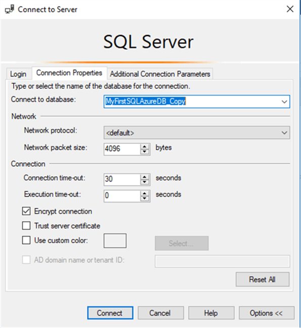 SSMS - Connect to database - Description: SSMS - Connect to database