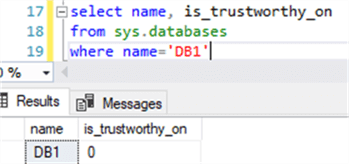 trustworthy setting - Description: DB1 trustworthy off