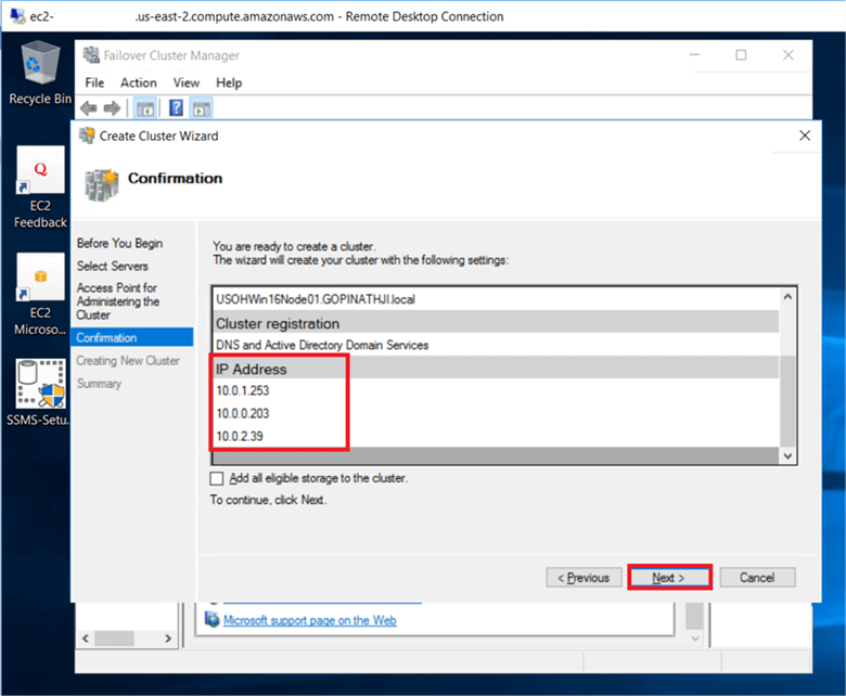 On the Confirmation dialog box, verify the windows failover cluster Static IP address and click Next.  - Description: On the Confirmation dialog box, verify the windows failover cluster Static IP address and click Next. 