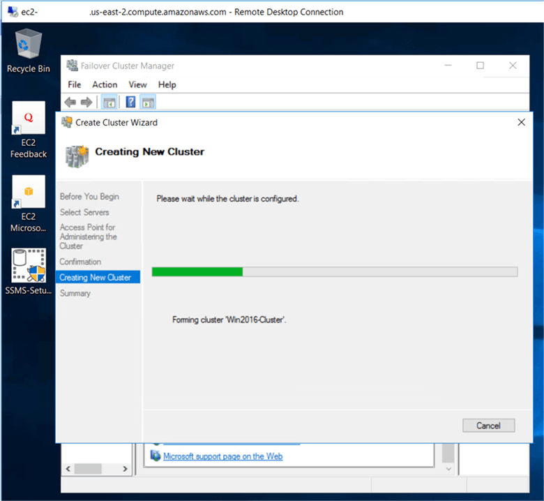 On the creating New Cluster dialog box, Windows cluster creation is in progress. - Description: On the creating New Cluster dialog box, Windows cluster creation is in progress.