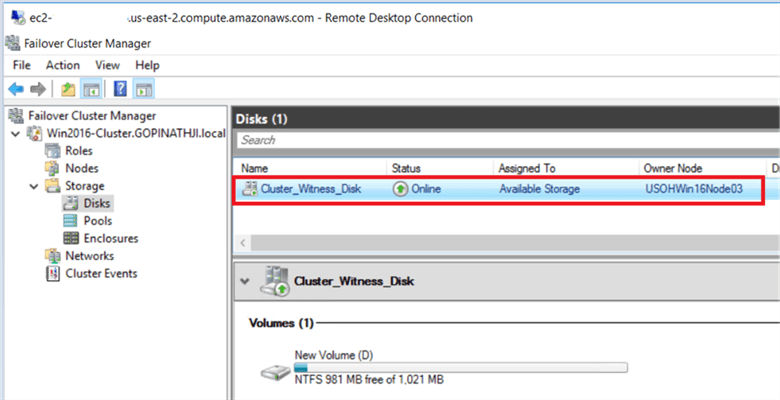 On the Failover Cluster Manager console, under the storage option, we added disk into cluster to use witness as disk. - Description: On the Failover Cluster Manager console, under the storage option, we added disk into cluster to use witness as disk.