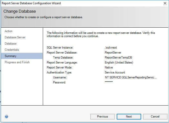 SQL Server Reporting Services- configure report server- summary of Report Server Database Configuration Wizard