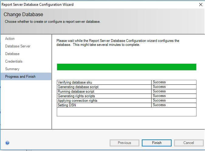 SQL Server Reporting Services- configure report server- Report Server Database Configuration Wizard progress