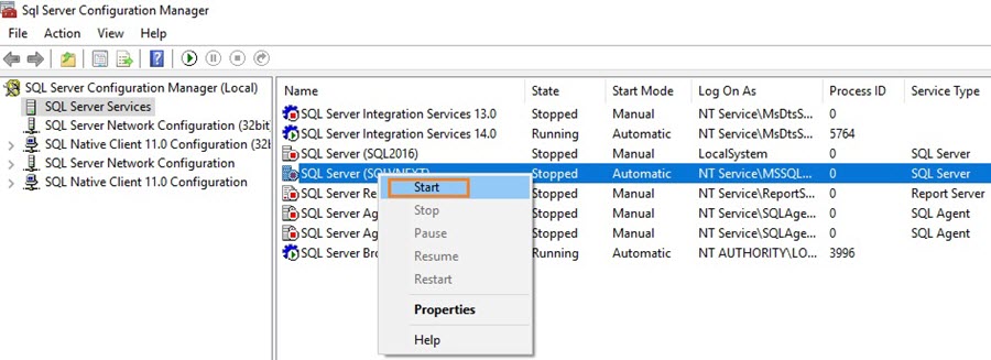 SQL Server configuration manager and start services