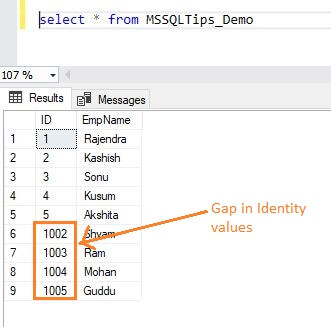 verify the insert records and see the gap in identity