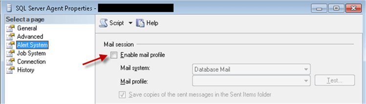 Enable Mail profile - Description: SQL Server Agent properties (Alert System) - Enable Mail profile