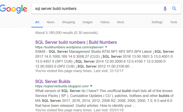 GoogleResult - Description: Google result for "sql server build numbers"