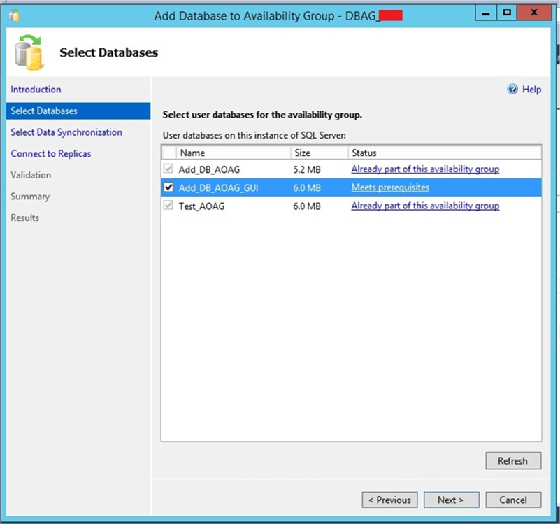 Select identified database in configuration window - Description: Select identified database in configuration window