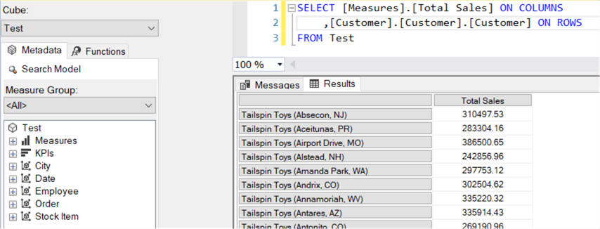 querying customer table through Test perspective