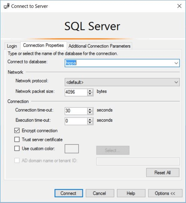 SSMS - Connection properties - Description: Using the properties tab to select a default database.