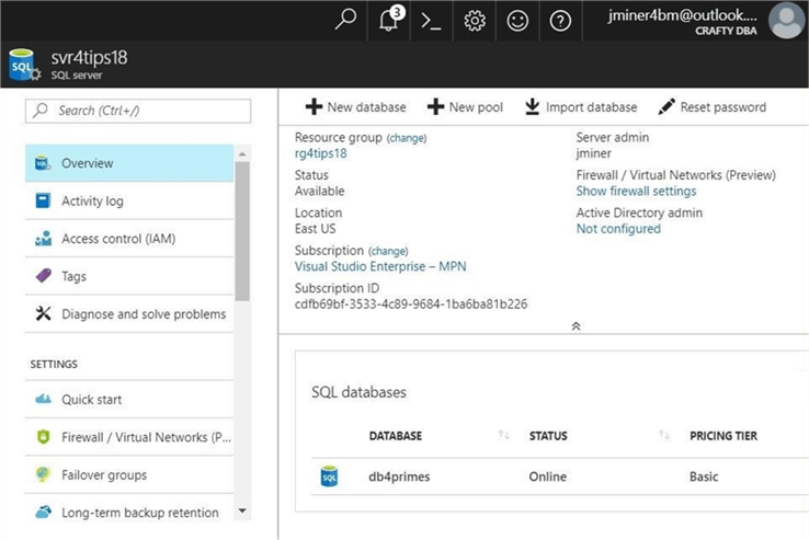 SQLDB Alerting - sample database - Description: Here is a screen shot of the server and database taken from the azure portal.