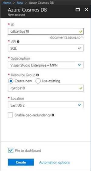 Cosmos DB - New Database Account - Description: Creating a new database account and resource group via the Azure Portal.