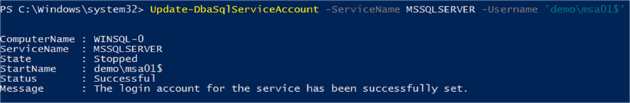 Setting Service Account with PowerShell - Description: Using DBATools PowerShell module to set service account properties.