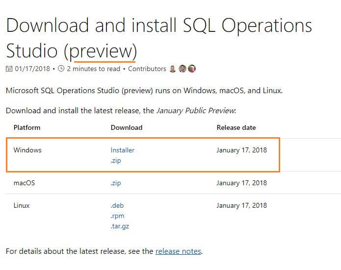 Microsoft SQL Operations Studio Installable software