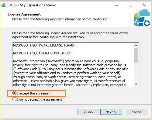 Microsoft SQL Operations Studio Installation agreement accept