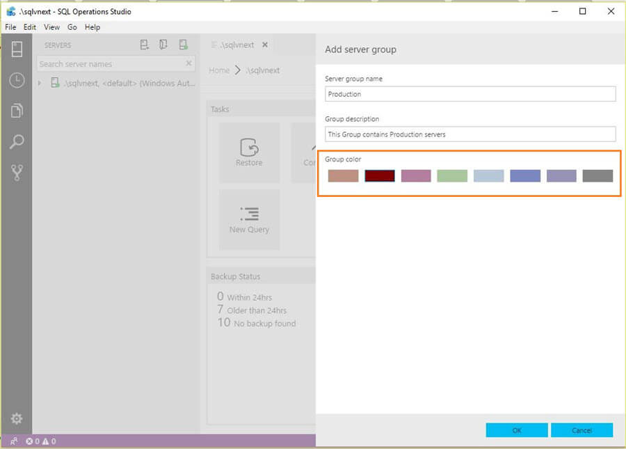 Microsoft SQL Operations Studio group color and details
