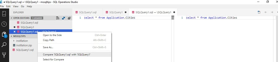 Microsoft SQL Operations Studio compare files