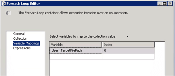 For each file loop configuration - Variable - Description: For each file loop configuration - Variable