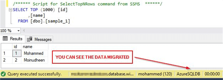 Confirm data Migrated to Azure SQL DB
