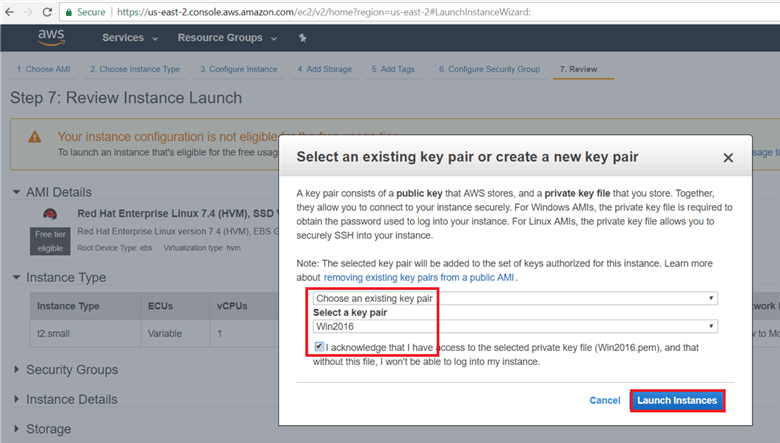 On select an existing key pair or create a new key pair dialog box click on create a new key pair or select an existing key pair and give key pair name and click on download to download key Pair. Here I have already downloaded and I am acknowledging that I have access to the selected private key files. (save the key pair in secured location). Hit launch instance.