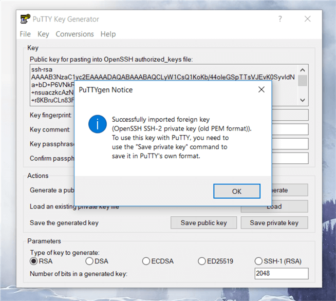 On the PuTTYgen dialog box, the Pem file has successfully loaded; as the message indicates click Ok to save the file. 