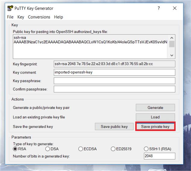 On the PuTTYgen dialog box, click on Save private key to save file with PPK format.  