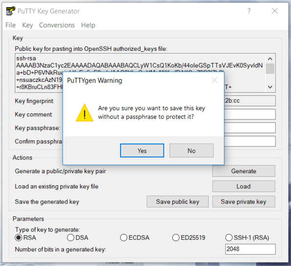 You will get a warning messages as below weather you want to save the key without a passphrase or not, select Yes and give a key  name for your ppk file and click save.