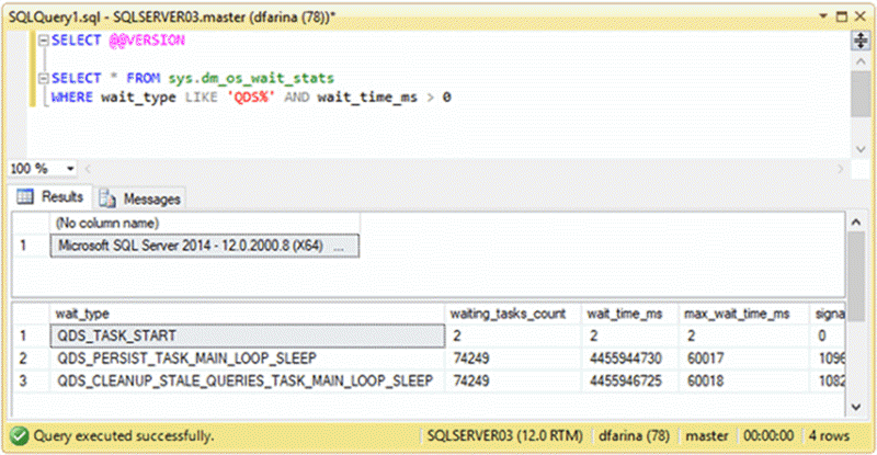 Screen Capture - Description: Query Store wait types on SQL Server 2014 RTM.